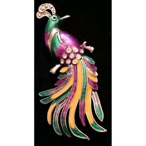 Vintage Peacock Brooch with Rhinestones 2 1/2" Tall